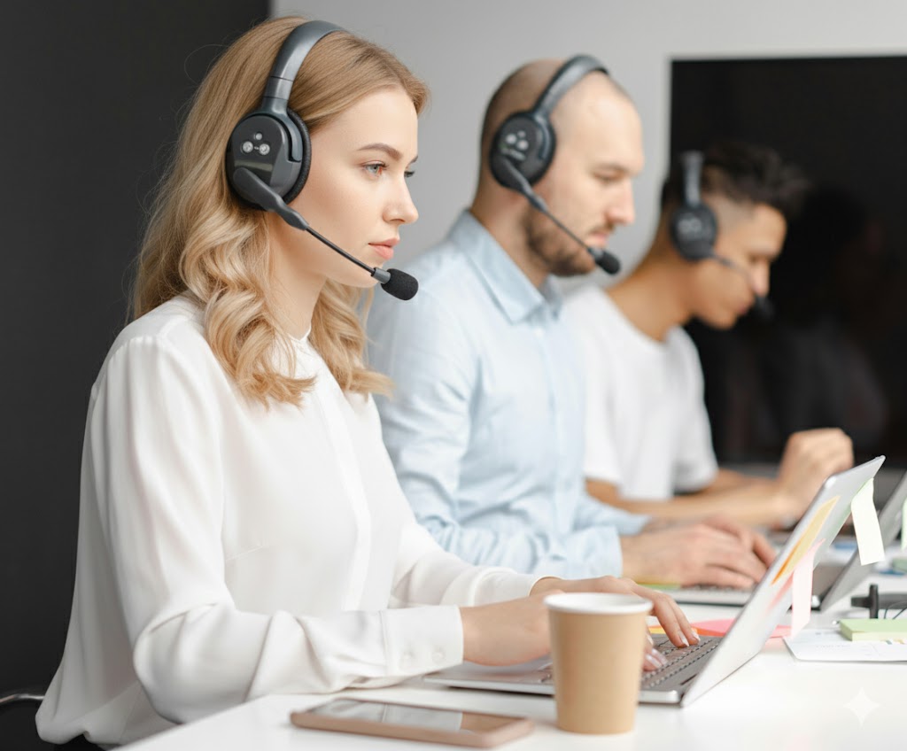 Persone che sono sedute al pc con le cuffie in ufficio